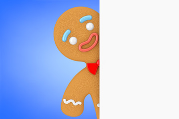 Holiday Decorated Classic Gingerbread Man Cookie behind White Blank Paper with Free Space for Your Design. 3d Rendering