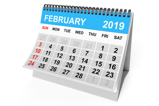 Calendar February 2019. 3d Rendering