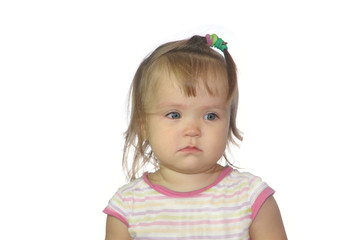 baby girl crying portrait isolated on white background. unhappy child sadly looking down