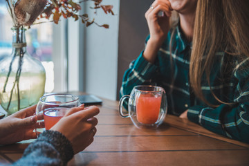 two young women talking in cafe and drinking warm up tea