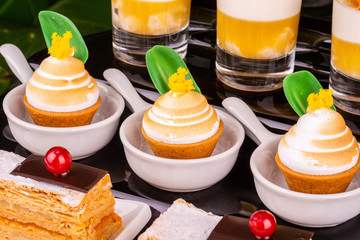 A dessert lemon with color chocolate on backstairs