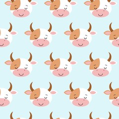 Cute sleeping cow seamless pattern. Funny background for baby and kids design. Vector illustration
