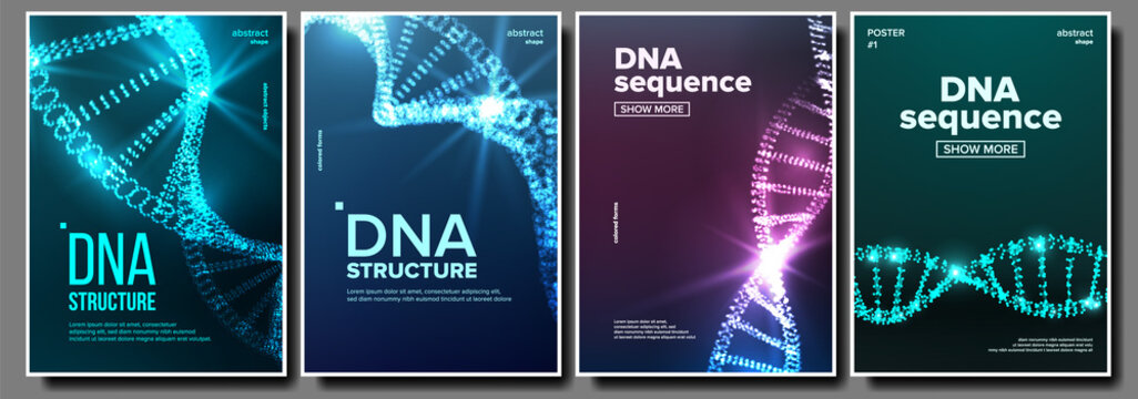 Dna Poster Set Vector. Biochemistry Flyer. Evolution Symbol. Healthy Chromosome. Digital Cell. Medical Banner. Microscopic Element. Illustration