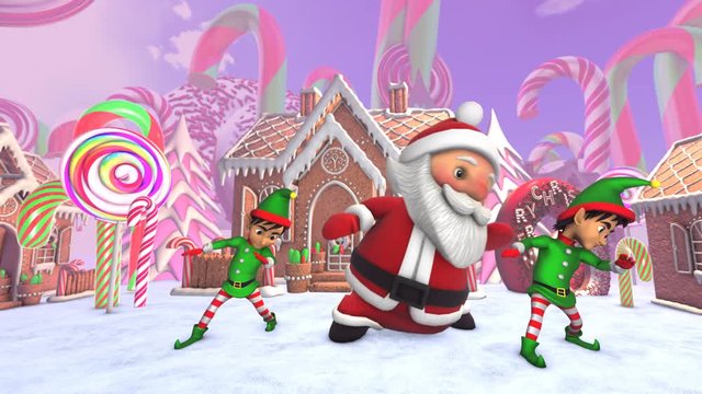 Cute Santa and elfs dancing salsa in a candy village. Seamless funny Christmas animation with gingerbread house and sweets.