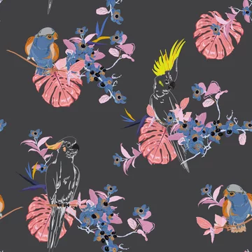Tropical Floral Print. Parrot Bird In The Jungle And Flowers In The Exotic  Forest Allover Design, Seamless Pattern Vector For Fashion ,wallpaoer And  All Prints On Pink Background Color Royalty Free SVG