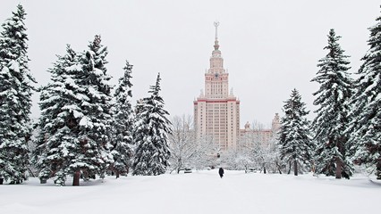Vibrant view of winter campus of famous Russian university with snowed trees