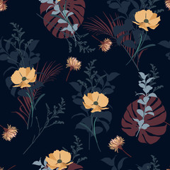 Dark garden Floral seamless pattern blooming white flowers Botanical . Seamless vector texture fashion prints