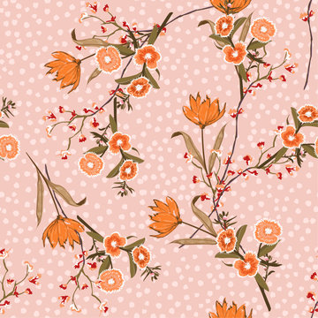 Beautiful vintage pastel Seamless orange floral pattern with blooming ,Flowers  on hand drawn on tone polka dot background.