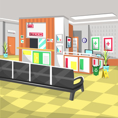 Clean Waiting Room at Hospital with Chair, Lobby Receptionist Room, Information Room with Clock for Cartoon Vector Interior Illustration Ideas