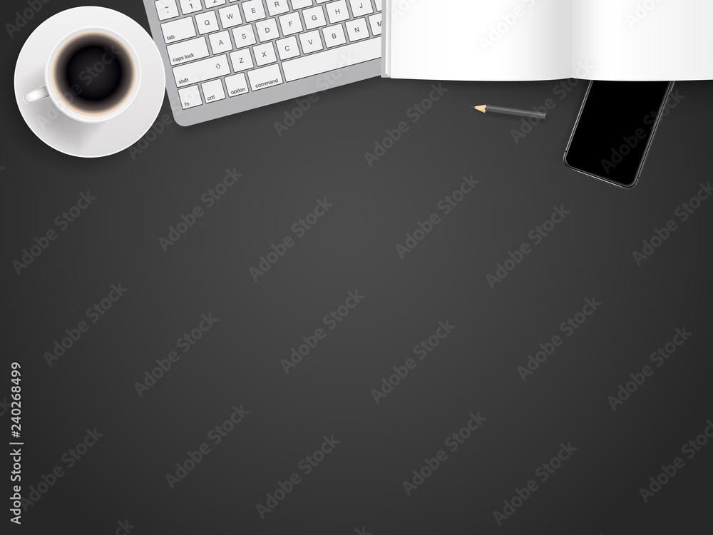 Poster office working place with different accessories. top view vector illustration