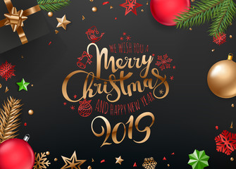 Fototapeta na wymiar Merry Christmas and Happy New Year inscription. Greeting card. Top view. Vector
