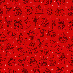 Seamless pattern card with holiday objects. Doodle vector red seamless background