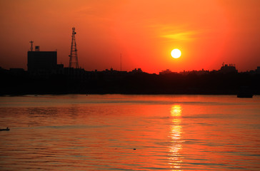 Sun set over Hyderabad city in India