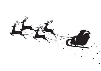 Santa Claus flying on a sleigh with reindeers isolated on white background