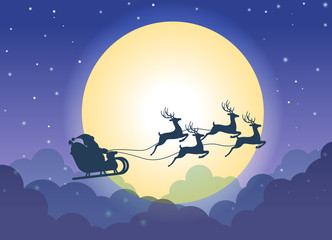 Santa Claus flying on a sleigh with reindeers over cloud and  full moon background - Christmas card