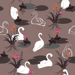 Beautiful vintage color Seamless pattern of swans in the lake. Vector illustration.For fashion fabric and all prints