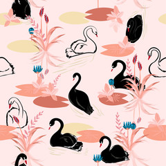 Beautiful pastel color Seamless pattern of swans in the lake. Vector illustration.For fashion fabric and all prints
