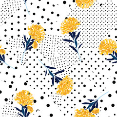 Black and white Polka dots pattern mix in different size of circle on top with bright summer oriental blooming yellow flowers seamless pattern vector