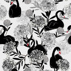 Monotone grey Soft and gentle oreintal blooming flowers with hand drawing black swan bird in seamless pattern ,vector for fashion fabric and all prints © MSNTY_STUDIOX