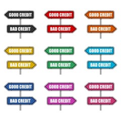 Road sign with bad credit good credit words icon or logo, color set