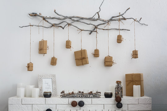 The advent gifts hanging on the wall. small gifts surprises for children.