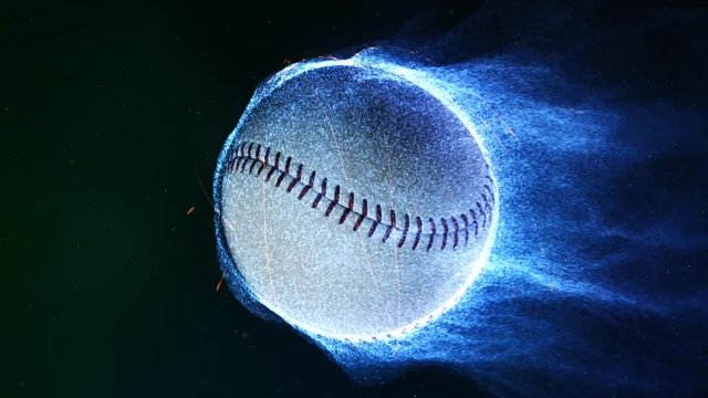 Baseball Flying in Flames 4K Loop features a baseball flying through a space like atmosphere with blue particle flames emanating from it as it revolves in a loop