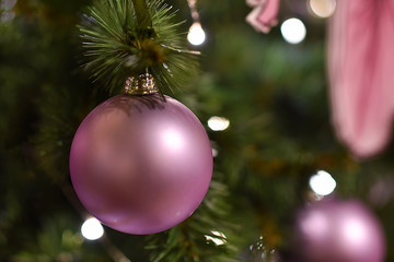 Fototapeta na wymiar New Year's matt Christmas ball on a branch of a New Year tree with pink ribbons on the background of bokeh and highlights