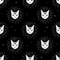 Cotton fabric Cat face with moon on night sky seamless pattern background. Cute magic, occult design.