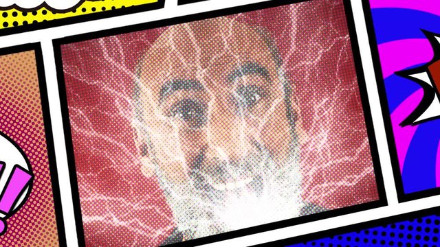 Inside a panel from a comic book page layout: a bearded old man suddenly screaming while looking at the camera because of an electric shock - high current voltage hurting him.
