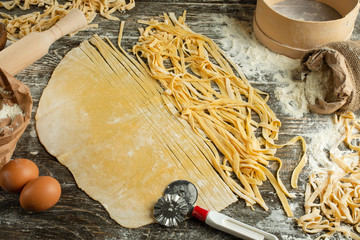 cooking Italian pasta, or noodles. Flat-lay with flour, eggs, slicing knife. The ability to use as a culinary background, a recipe book