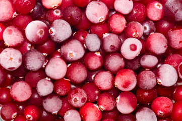 Close-up frozen cranberries, background. Flat lay, top view. Natural vitamins.