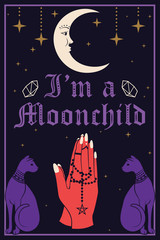 Violet Cats and the Moon. Praying hands holding a rosary. I am a Moonchild text