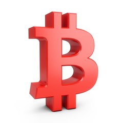 3D Rendering Red Bitcoin Sign isolated on white background
