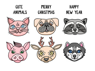 Set Cute animals heads isolated on white. Vector hand drawn
