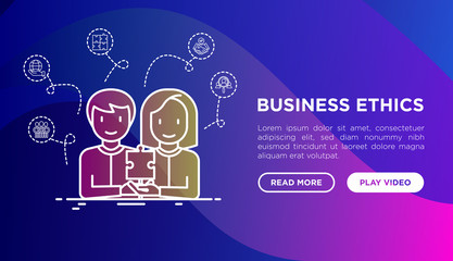 Business ethics concept: people of different nationalities working together. Thin line icons: no to racism, recruitment service, gender employment. Modern vector illustration, web page template.