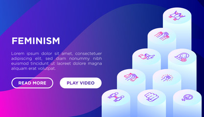 Feminism concept with thin line isometric icons: women's rights, girl power, gender equality, sex dicrimination, me too, protest, girls are strong. Vector illustration, web page template.