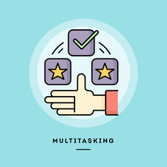 Multitasking, flat design thin line banner, usage for e-mail newsletters, web banners, headers, blog posts, print and more. Vector illustration.