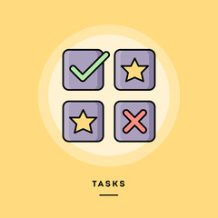 Tasks, flat design thin line banner, usage for e-mail newsletters, web banners, headers, blog posts, print and more. Vector illustration.