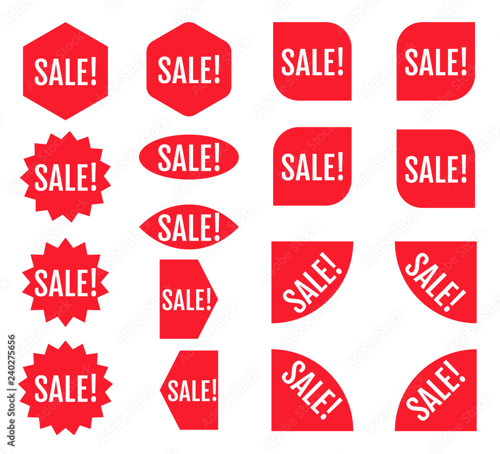 Wall mural Sale sticker set. Red promotion labels.  Modern vector flat style illustration isolated on white background. Red promotion labels for sale actions.