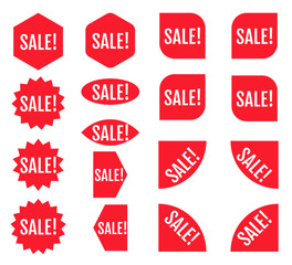 Sale sticker set. Red promotion labels.  Modern vector flat style illustration isolated on white background. Red promotion labels for sale actions.