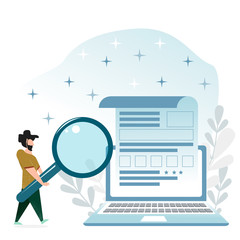 Concept images in a flat style. A man with a beard and a large magnifying glass in his hands, looking for a resume (or page in a social network) on a large laptop. Head hunter. 