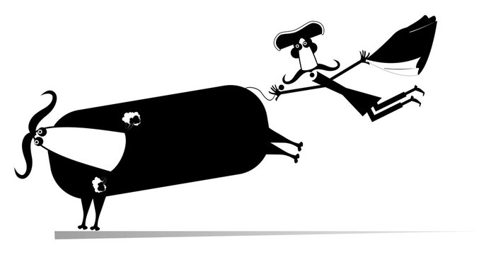 Cartoon bullfighter and a bull isolated illustration. Cartoon long mustache bullfighter catches a running bull by tail black on white illustration
