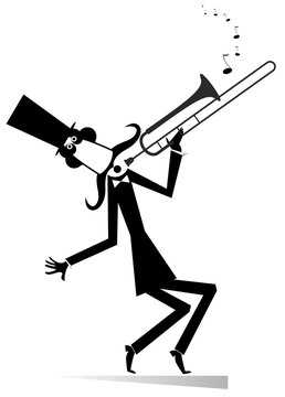 Cartoon long mustache trumpeter is playing music illustration isolated. Mustache man in the top hat playing trombone silhouette black on white
