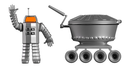 Astronaut c lunar vehicle or mars rover. 3D rendering. © DM