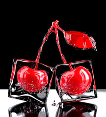 Two red cherries with ice. 3D rendering.