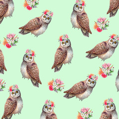 Watercolor pattern with owls and green leaves with flowers.