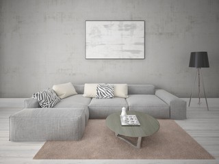 Mock up stylish lounge with gray corner sofa and trendy hipster backdrop.
