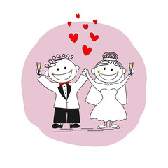 Happy just married couple toasting on their wedding day - vector illustration image