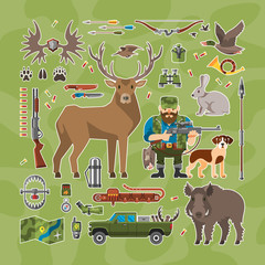 Vector hunting set with flat hunter, animal, camouflage background and elements: dog, deer, boar, hare, duck, weapon, truck, equipment and ammunition.