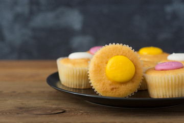 Some mini muffin, cupcakes dessert, isolated. Coy space.